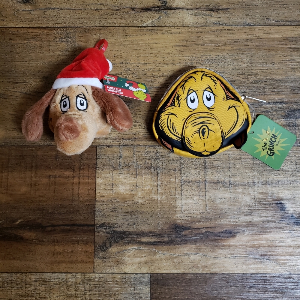 Dr. Seuss Grinch Max Plush Bag Clip with Santa Hat and Coin Purse